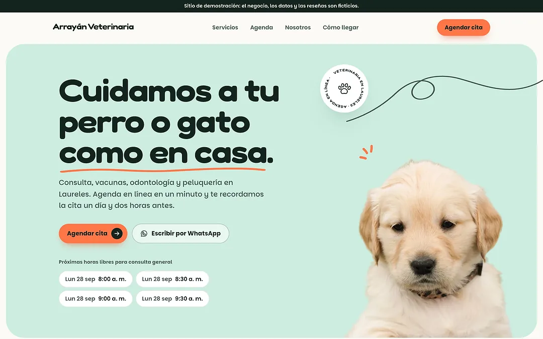 Demo de Arrayán Veterinaria con el titular Cuidamos a tu perro o gato como en casa y las próximas horas libres