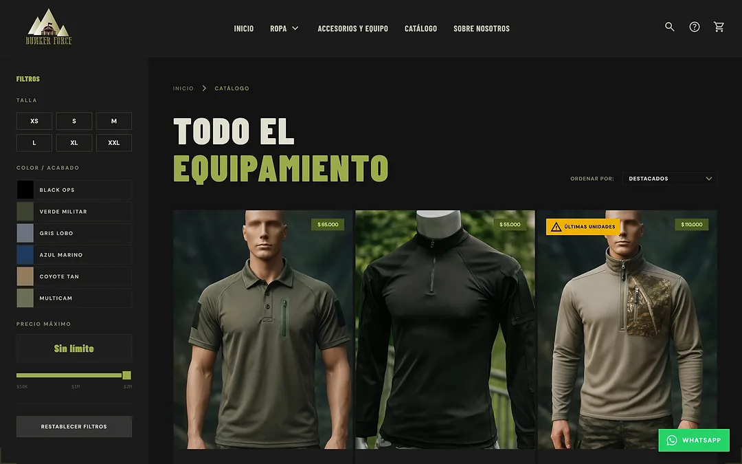 Catálogo de Bunker Force con filtros por talla y color y prendas tácticas con su precio