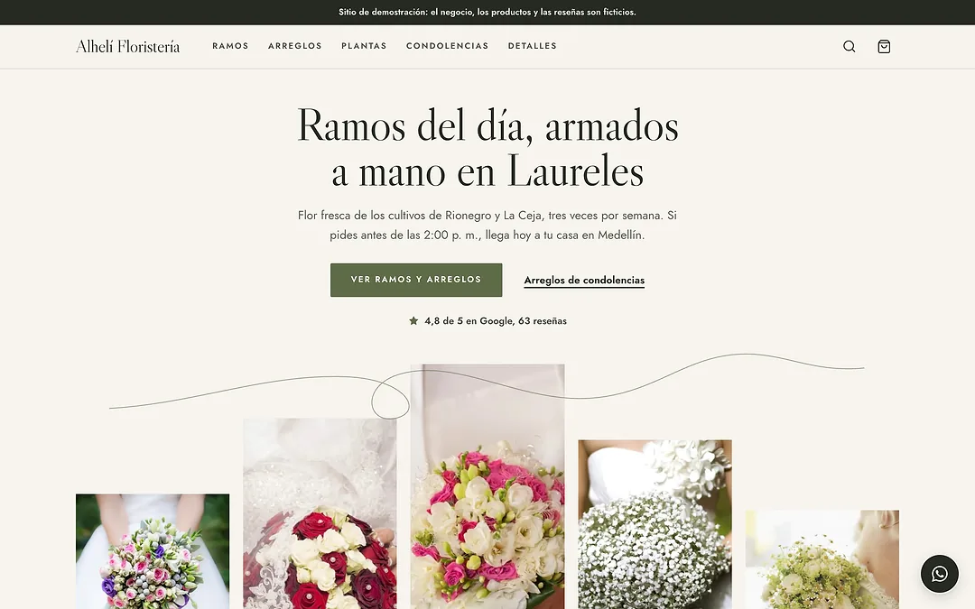 Demo de la floristería Alhelí con el titular Ramos del día, armados a mano en Laureles y fotos de ramos