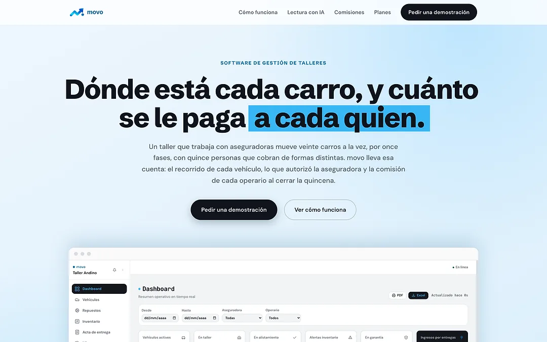 Página de movo, software de gestión de talleres, con el titular Dónde está cada carro y cuánto se le paga a cada quien y el panel del sistema