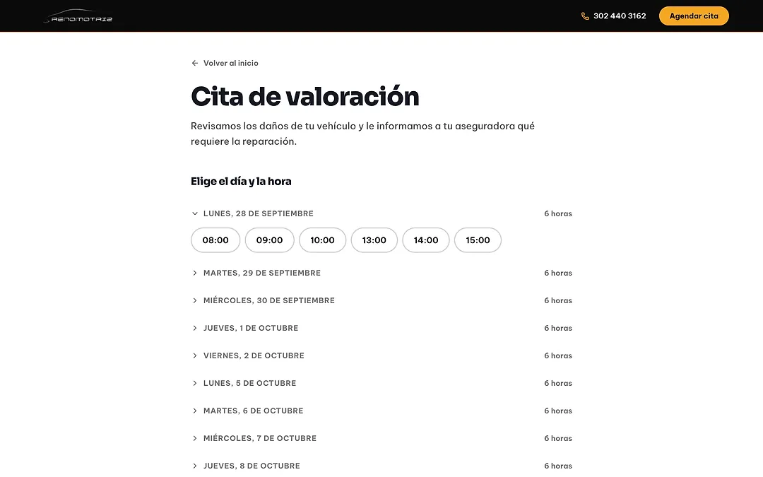 Agenda en línea de Reno Motriz: cita de valoración con los días y las horas que el taller tiene libres