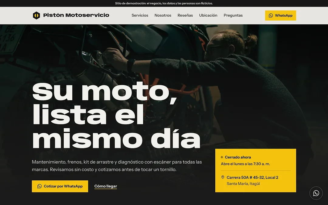 Demo de Pistón Motoservicio, taller de motos en Itagüí, con el titular Su moto, lista el mismo día