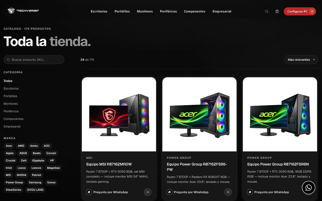 Catálogo de Techverse con equipos armados, filtros por categoría y marca y botón para preguntar por WhatsApp